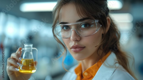 A female scientist holding a chemical glass in the lab. Generative AI.