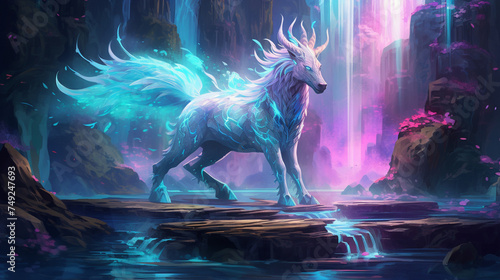 Futuristic Kirin with holographic scales playing in crystalline water under a neonlit waterfall