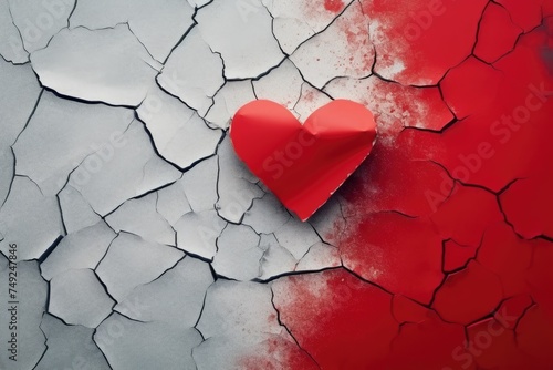 Vivid red paper heart on a contrasting cracked gray and red background. Red Heart on Cracked Surface