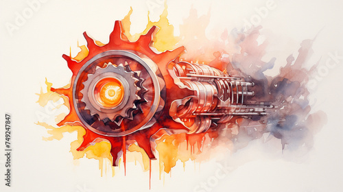 Watercolor of a flame with gear teeth edges symbolizing innovation against a translucent backdrop