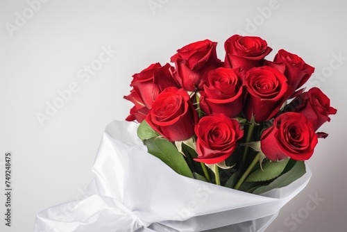 A stunning bouquet of vibrant red roses elegantly wrapped in white paper  perfect for romantic gestures. Elegant Bouquet of Red Roses Wrapped in White Paper