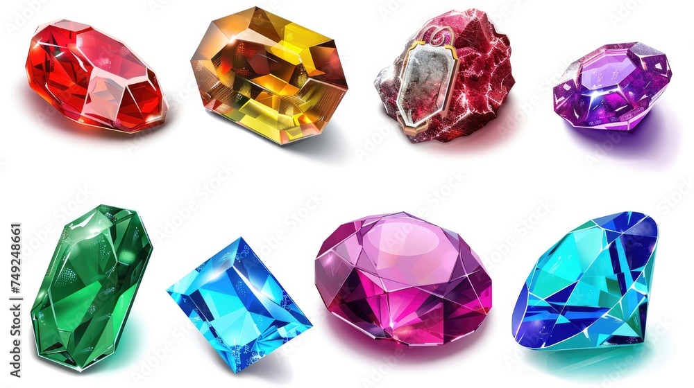 Fototapeta premium Precious stones materials are rocks, valuable materials. Set collection, isolated on white background. Generative ai