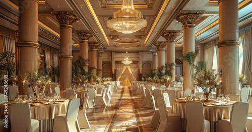 A gala dinner in a fancy hall. Generative AI. photo