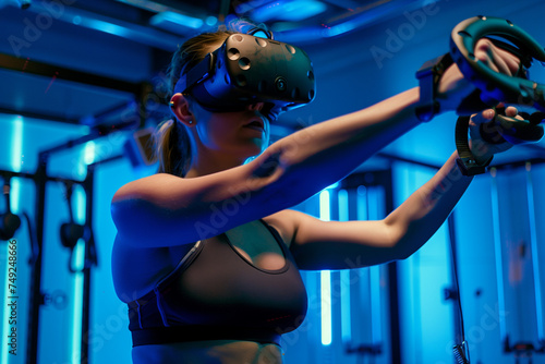Young woman engages in a virtual reality fitness activity using a VR headset and controllers in a digital studio setting