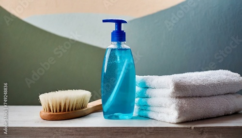 a digital illustration featuring a blue bottle of liquid standing beside neatly folded towels and a brush. Infuse a sense of freshness and cleanliness into the composition