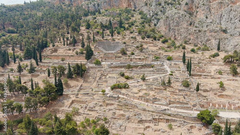 Delphi, Greece. Ruins of the ancient city of Delphi. Sunny weather, Summer, Aerial View
