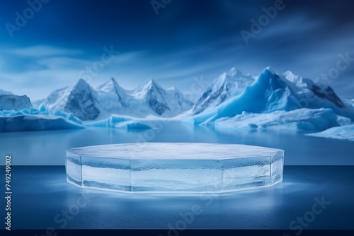 Elegant product podium made of clear ice, set against the serene backdrop of a polar landscape, a perfect blend of nature and luxury branding.