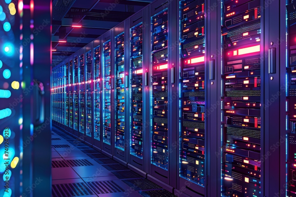 Multiple server racks containing numerous computers stand in a large, cool data center