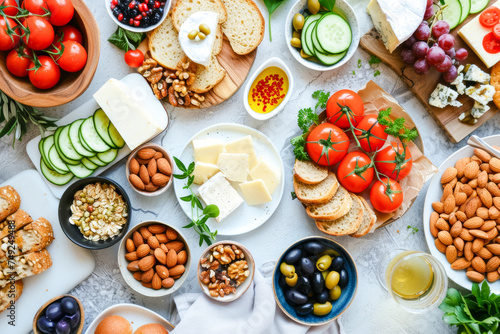  A vibrant flat lay of a Mediterranean spread features fresh vegetables, assorted cheeses, and nuts. The arrangement celebrates healthy eating and culinary diversity.