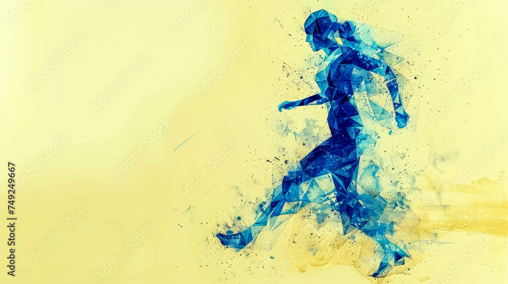 Obraz premium Abstract blue rapidly running girl created from triangles. Color illustration on beige background. Close-up. Copy space.