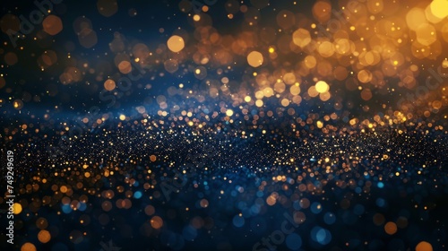 Abstract background with gold stars, particles and sparkling on navy blue.