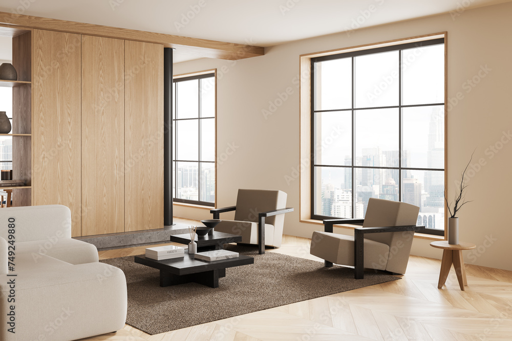 Stylish home living room interior with couch and armchair, panoramic window Stylish home living room interior with couch and armchair, panoramic window