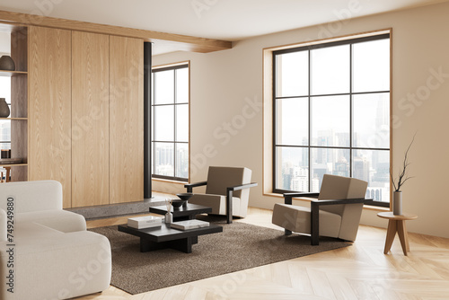 Photography Stylish home living room interior with couch and armchair, panoramic window