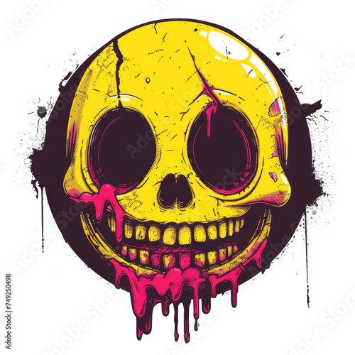 Yellow smiley face emoji illustration with drip effect, urban style for t-shirt and sticker design, isolated background