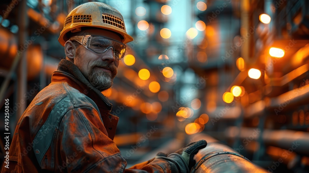 Fototapeta premium Construction pipe fitter working on a pipe in a refinery. Generative AI.