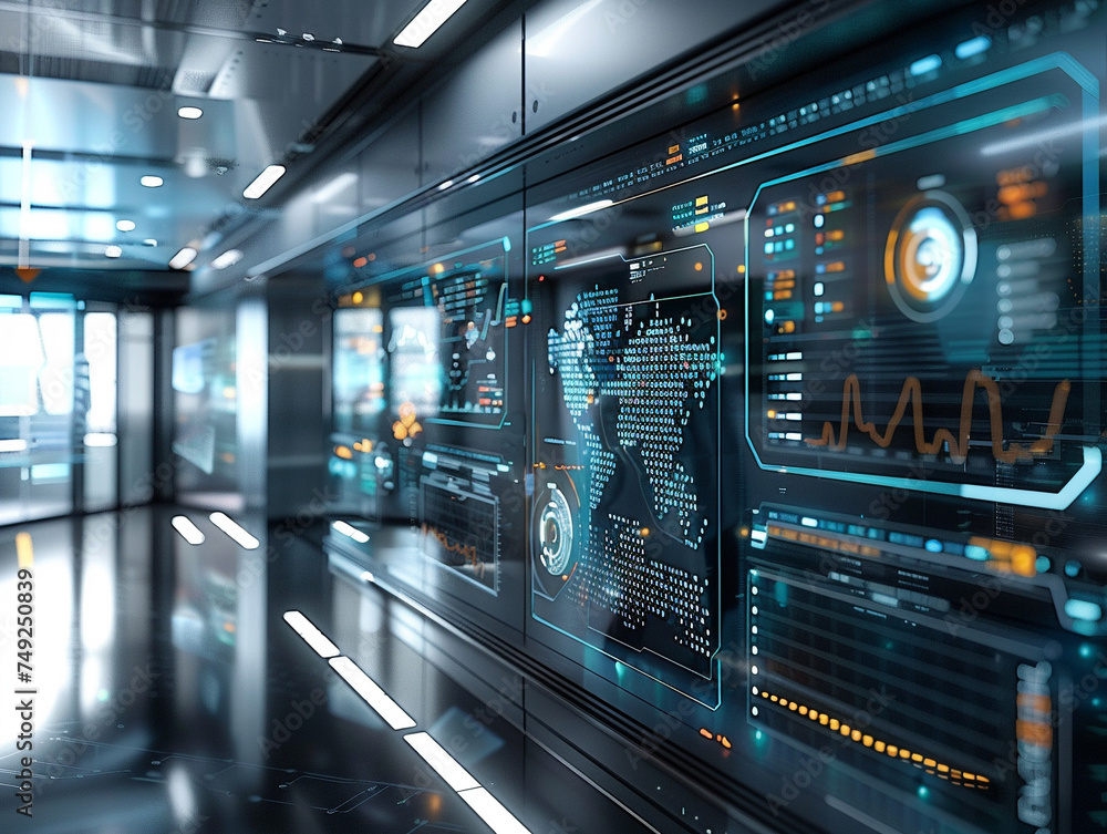 Sleek financial analytics interface holographic screens in a hightech lab merging finance with advanced technology Sleek financial analytics interface holographic screens in a hightech lab merging finance with advanced technology