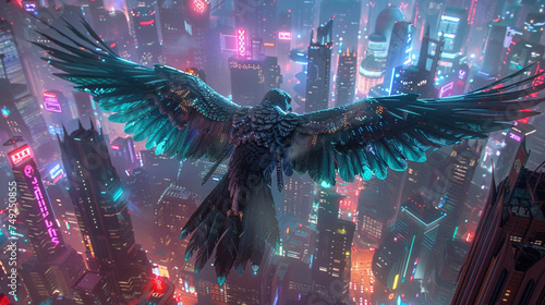 Neon and cyan lights reflect off the metallic wings of a cybernetic falcon flying past futuristic skyscrapers embodying the essence of a cyberpunk cityscape
