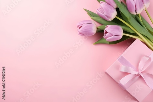 Pink gift box with satin ribbon beside fresh tulip flowers on a soft pink backdrop. Elegant Gift and Tulips on Pink Background