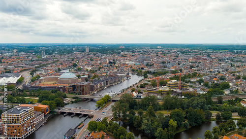Haarlem, Netherlands. Panoramic view of Haarlem city center. Cloudy weather during the day. Summer, Aerial View
