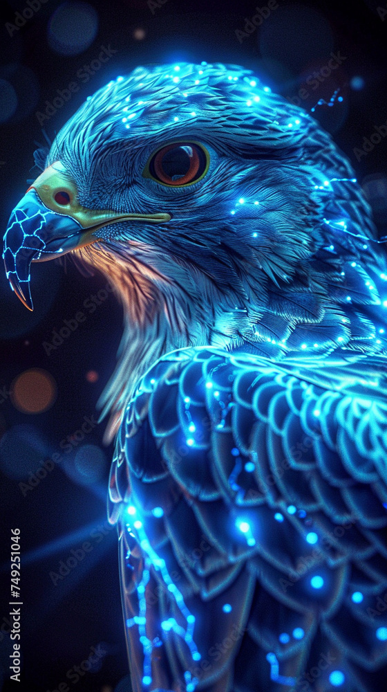 Obraz premium Cybernetic falcon its cyan feathers illuminated by neon patrols the digital frontier