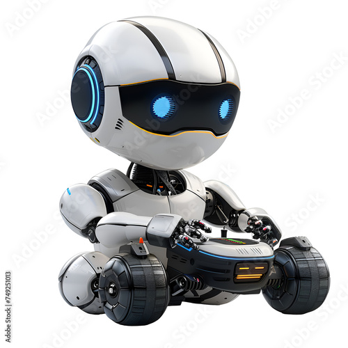 A playful 3D cartoon render of a mischievous robot having fun with a remote control car.