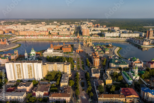 Yoshkar-Ola  Russia. Panorama of the city center during sunset. Aerial view