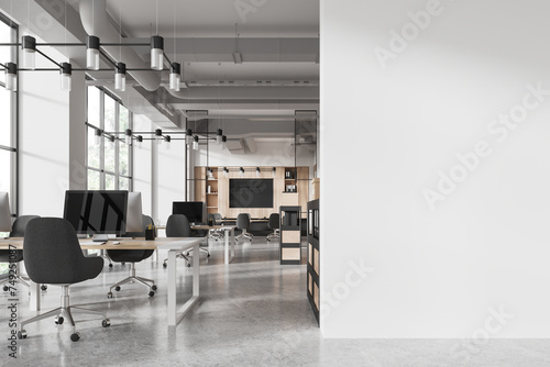 Stylish office interior with meeting and coworking near window. Mockup wall photo