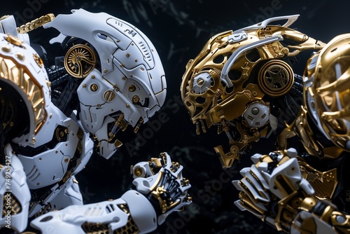 Robot Rumble: Movie-Style Confrontation Between White and Gold Robots, Epic Face-Off