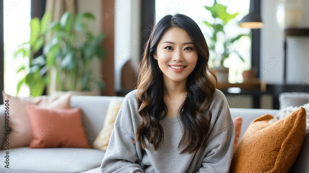 Attractive millenial asian model girl on cozy home living room looking happy at camera from Generative AI