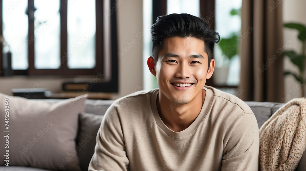 Fototapeta premium Attractive millenial chinese model guy on cozy home living room looking happy at camera from Generative AI