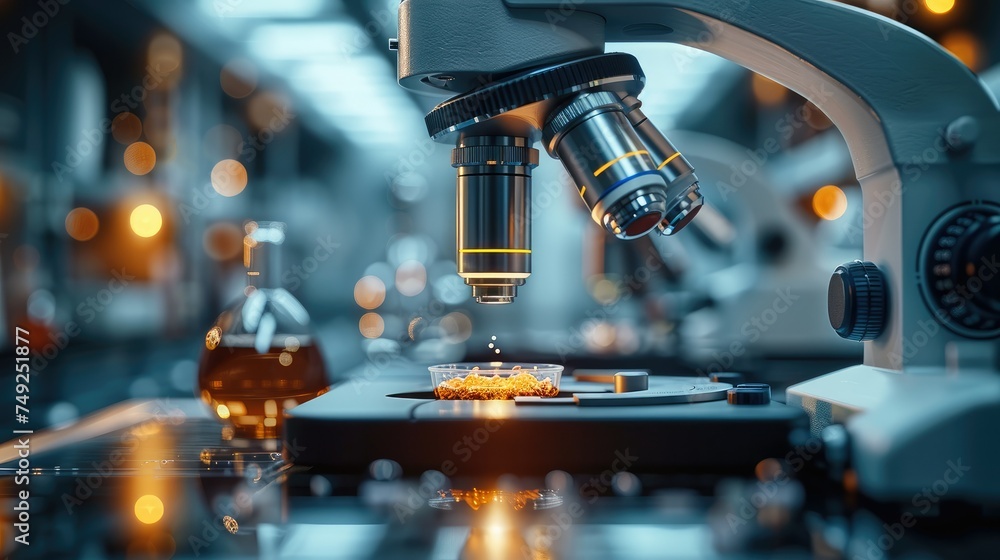 Extremely closeup shot of a futuristic microscope in a sterile futuristic lab room analyzing samples on a petri dish. Generative AI. Extremely closeup shot of a futuristic microscope in a sterile futuristic lab room analyzing samples on a petri dish. Generative AI.