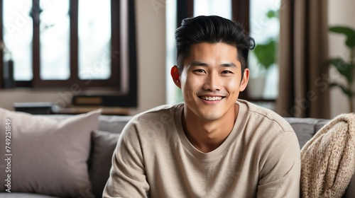 Attractive millenial chinese model guy on cozy home living room looking happy at camera from Generative AI