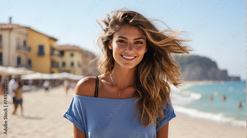 Attractive millenial italian model girl on beach summer vacation looking happy at camera from Generative AI