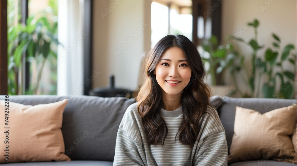 Attractive millenial japanese model girl on cozy home living room looking happy at camera from Generative AI Attractive millenial japanese model girl on cozy home living room looking happy at camera from Generative AI