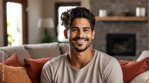 Attractive millenial hispanic model guy on cozy home living room looking happy at camera from Generative AI