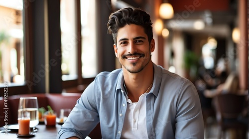 Attractive millenial hispanic model guy on cozy restaurant looking happy at camera from Generative AI photo