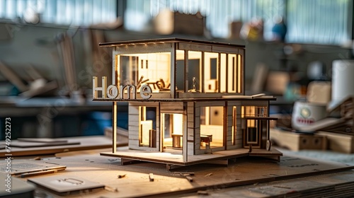 wood home model on the table with text