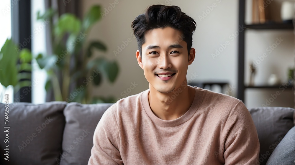 Attractive millenial korean model guy on cozy home living room looking happy at camera from Generative AI Attractive millenial korean model guy on cozy home living room looking happy at camera from Generative AI