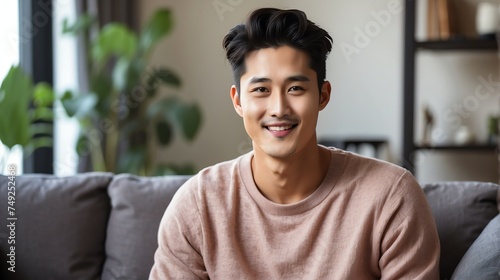 Attractive millenial korean model guy on cozy home living room looking happy at camera from Generative AI