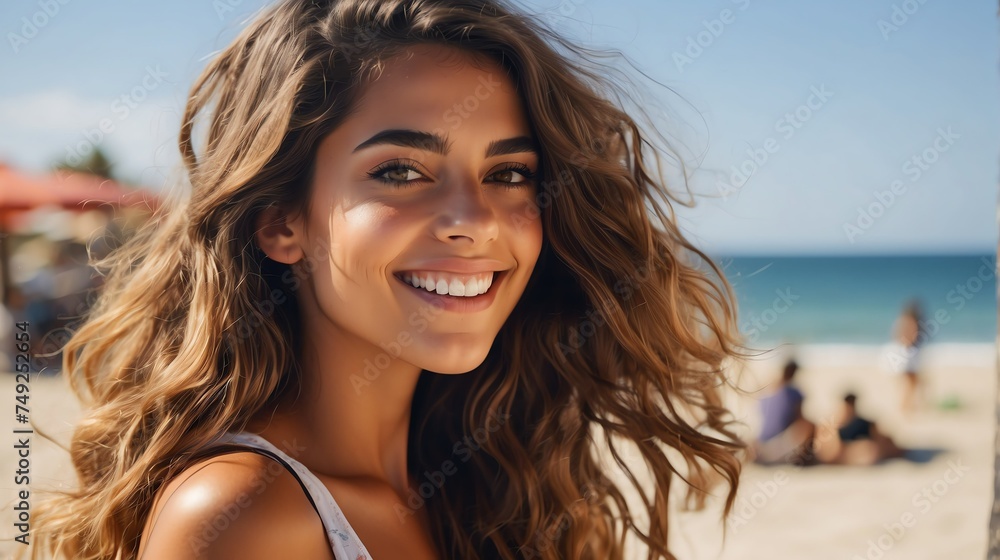 Attractive millenial spanish model girl on beach summer vacation looking happy at camera from Generative AI Attractive millenial spanish model girl on beach summer vacation looking happy at camera from Generative AI