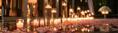 Romantic Candlelight Ambiance with Rose Petals by a stunning floral display