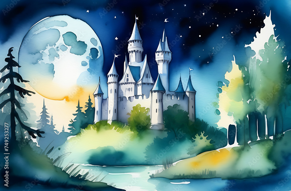 watercolor antique Gothic castle at night under the moon in a dense forest - obrazy, fototapety, plakaty 