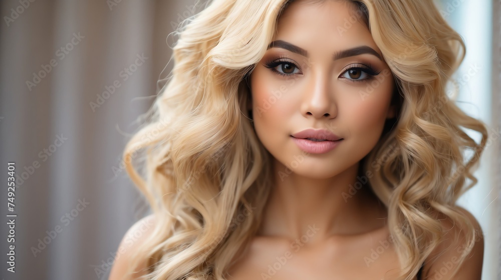 Fototapeta premium Attractive blonde haired filipina woman with elegant hairstyle and light make up with long eye lashes from Generative AI