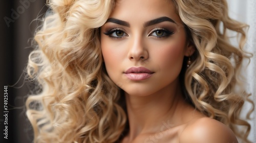 Attractive blonde haired hispanic woman with elegant hairstyle and light make up with long eye lashes from Generative AI photo