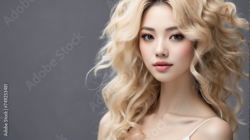 Attractive blonde haired japanese woman with elegant hairstyle and light make up with long eye lashes from Generative AI