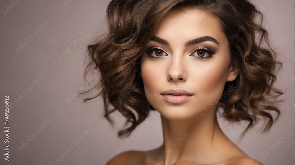 Attractive brown haired french woman with modern, trendy and elegant hairstyle and light make up with long eye lashes from Generative AI Attractive brown haired french woman with modern, trendy and elegant hairstyle and light make up with long eye lashes from Generative AI