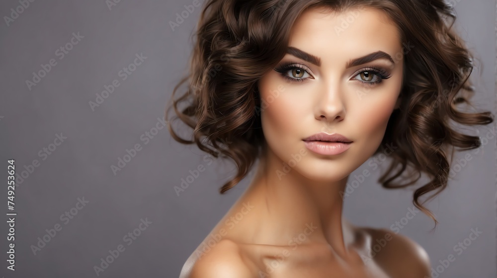 Fototapeta premium Attractive brown haired russian woman with modern, trendy and elegant hairstyle and light make up with long eye lashes from Generative AI