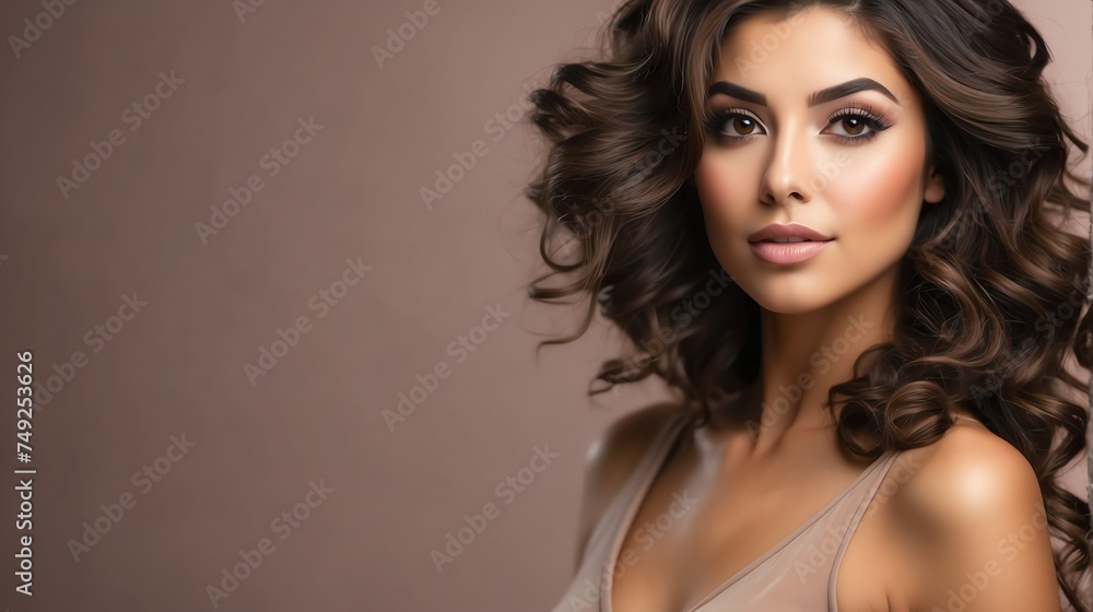 Attractive brown haired hispanic woman with modern, trendy and elegant hairstyle and light make up with long eye lashes from Generative AI Attractive brown haired hispanic woman with modern, trendy and elegant hairstyle and light make up with long eye lashes from Generative AI