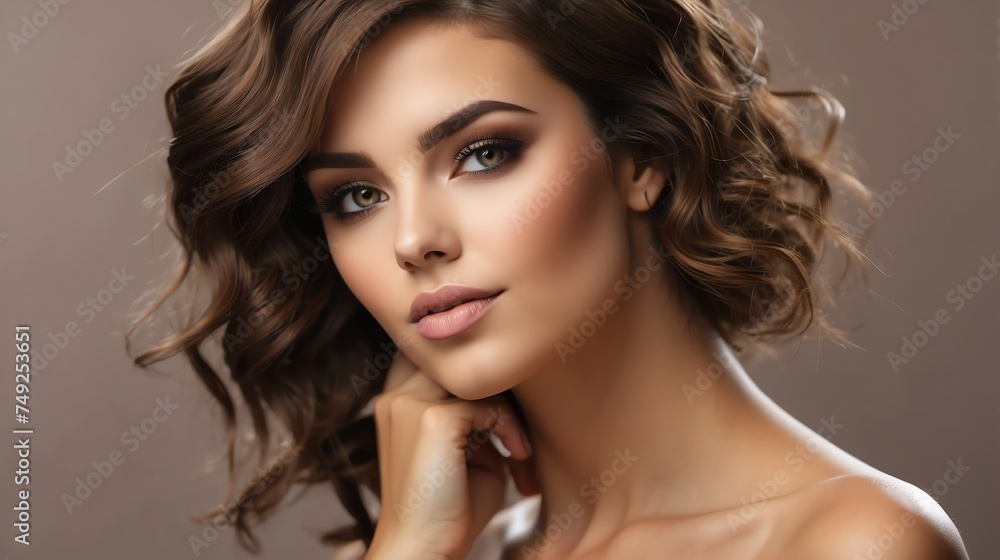 Attractive brown haired woman with modern, trendy and elegant hairstyle and light make up with long eye lashes from Generative AI Attractive brown haired woman with modern, trendy and elegant hairstyle and light make up with long eye lashes from Generative AI