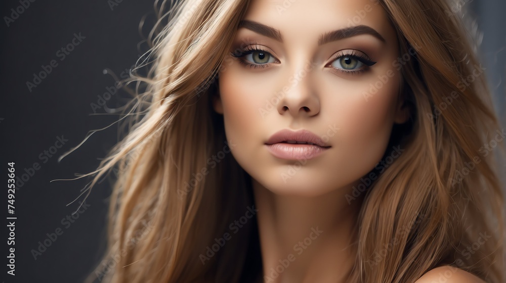 Attractive caucasian model woman with straight flying hair and light make up with long eye lashes from Generative AI Attractive caucasian model woman with straight flying hair and light make up with long eye lashes from Generative AI